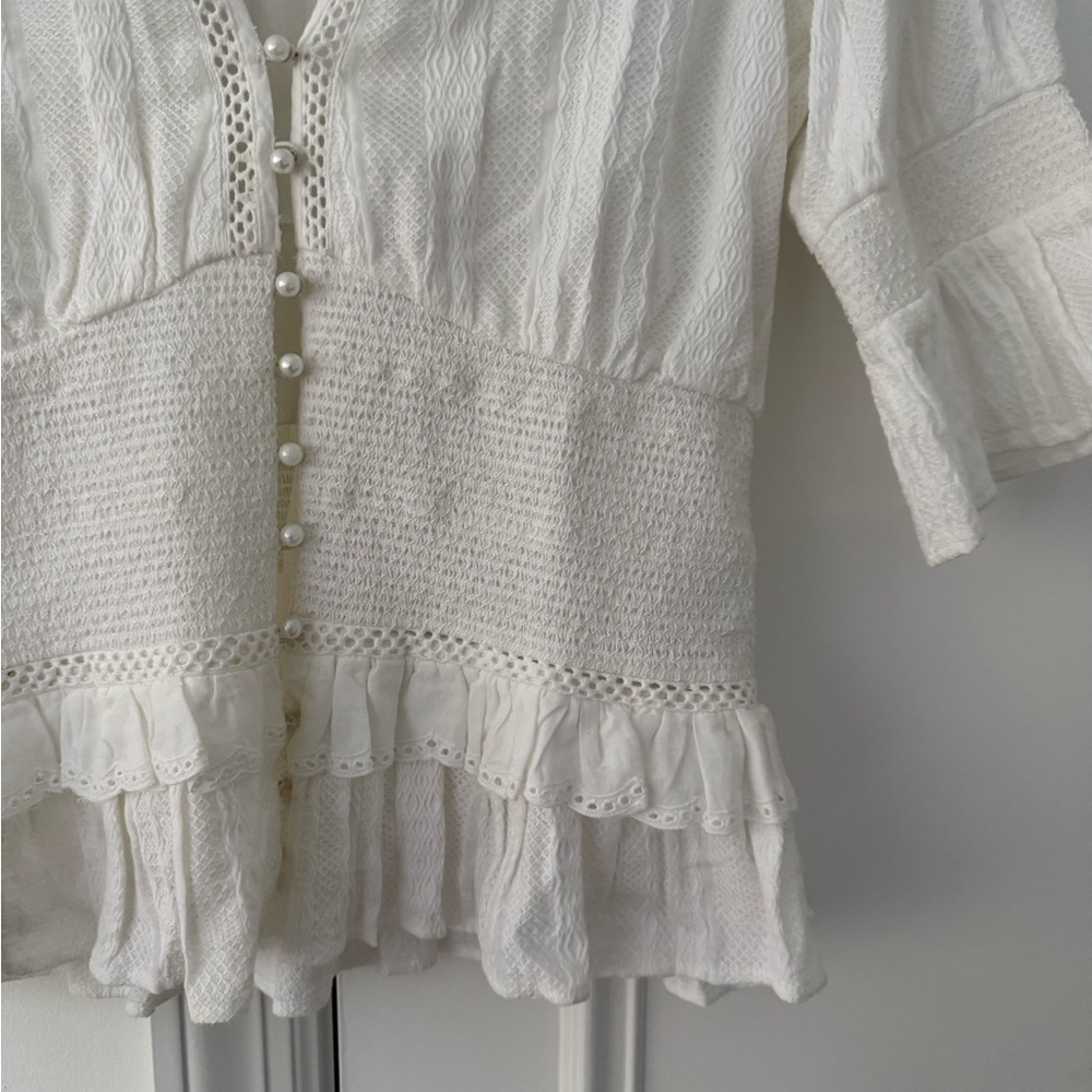Women's White Ruffled Top with Pearl Buttons - Picture 3 of 5
